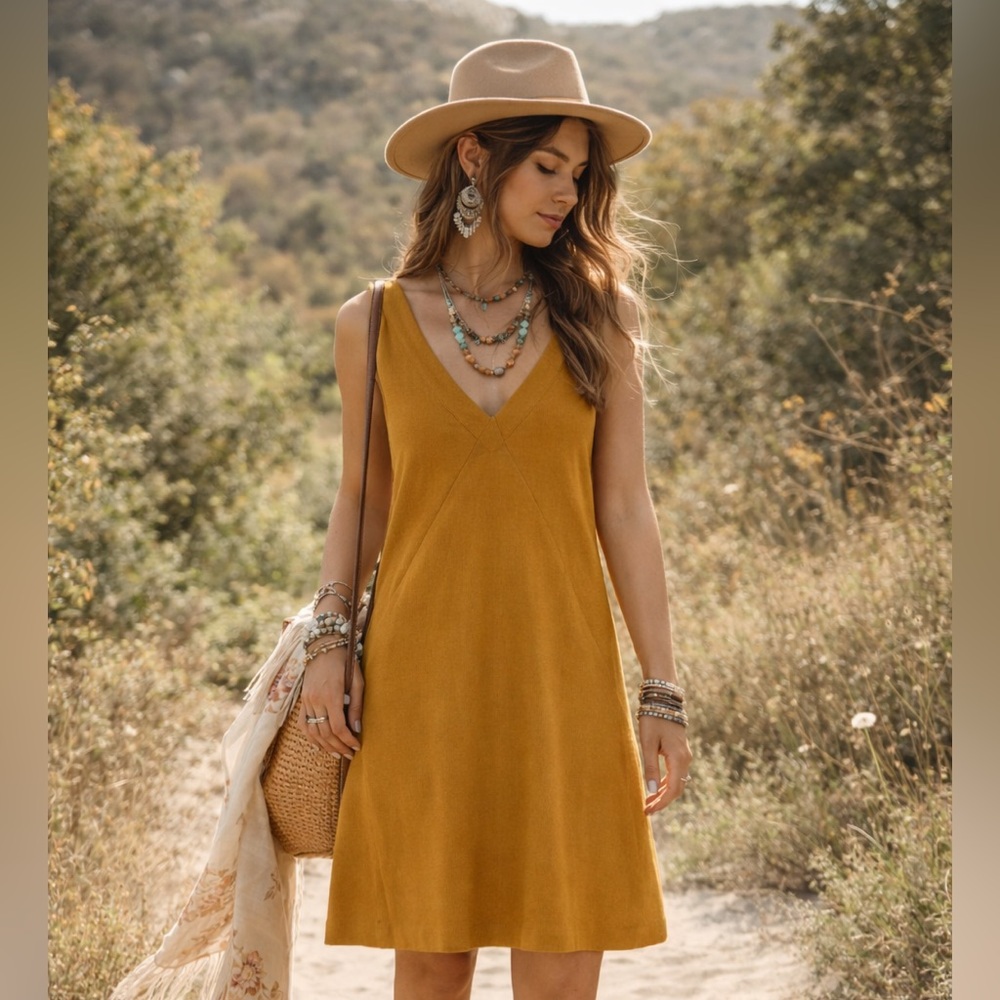 Grade & Gather Mustard Shift Dress Sleeveless Cotton Pockets Small